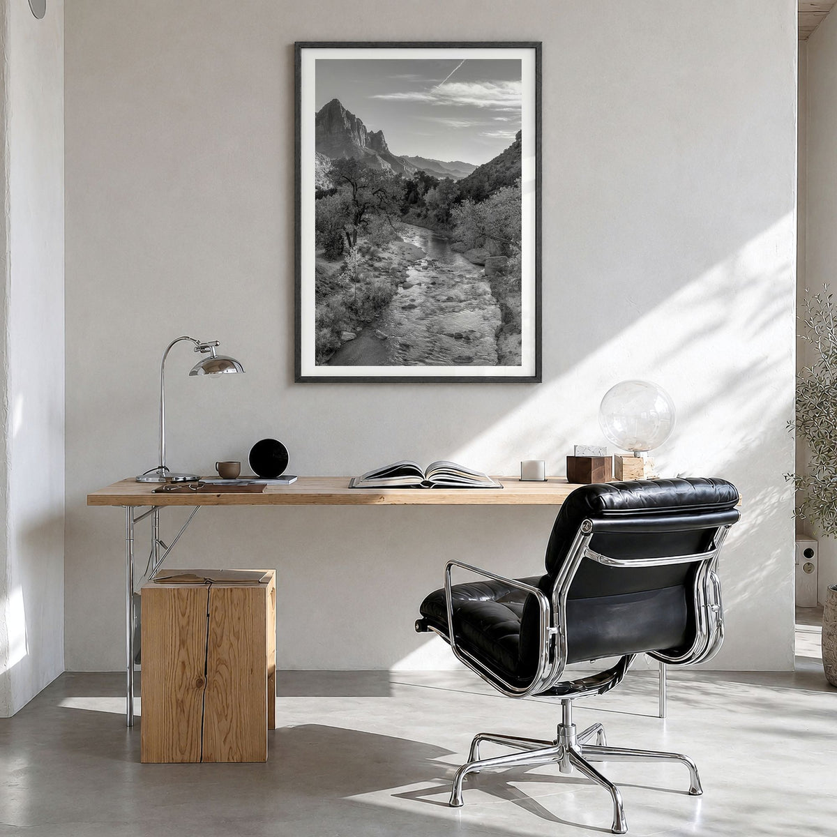 Zion National Park Photo Poster in a black wood frame, hanging in a bright home office, white border