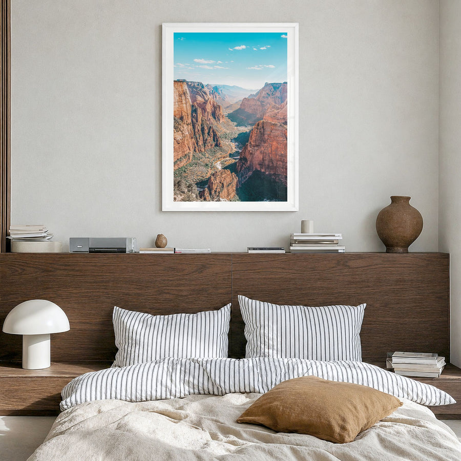 Zion National Park Photo Poster in a white wood frame, hanging in a bedroom, white border