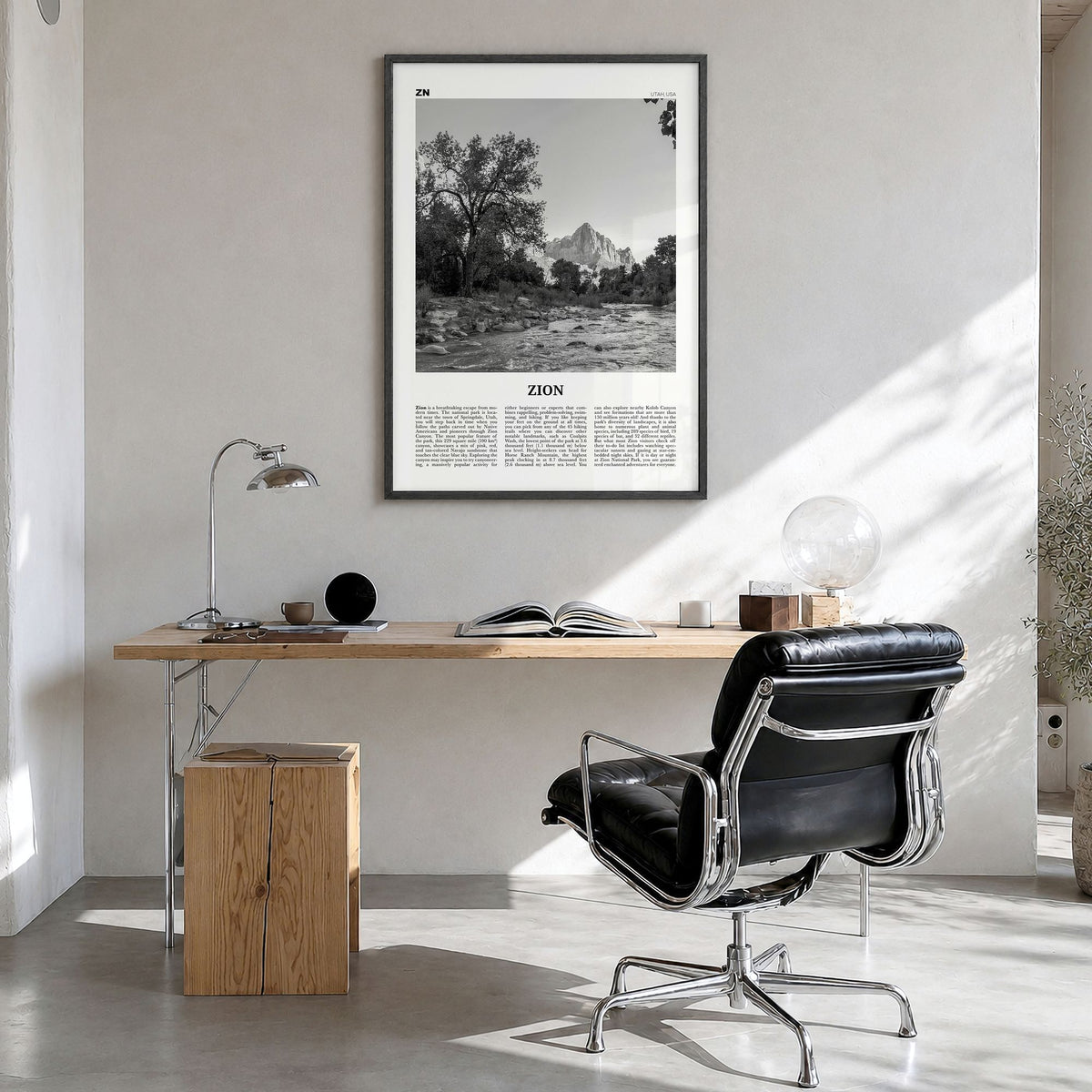 Zion National Park Newspaper Poster in a black wood frame, hanging in a bright home office