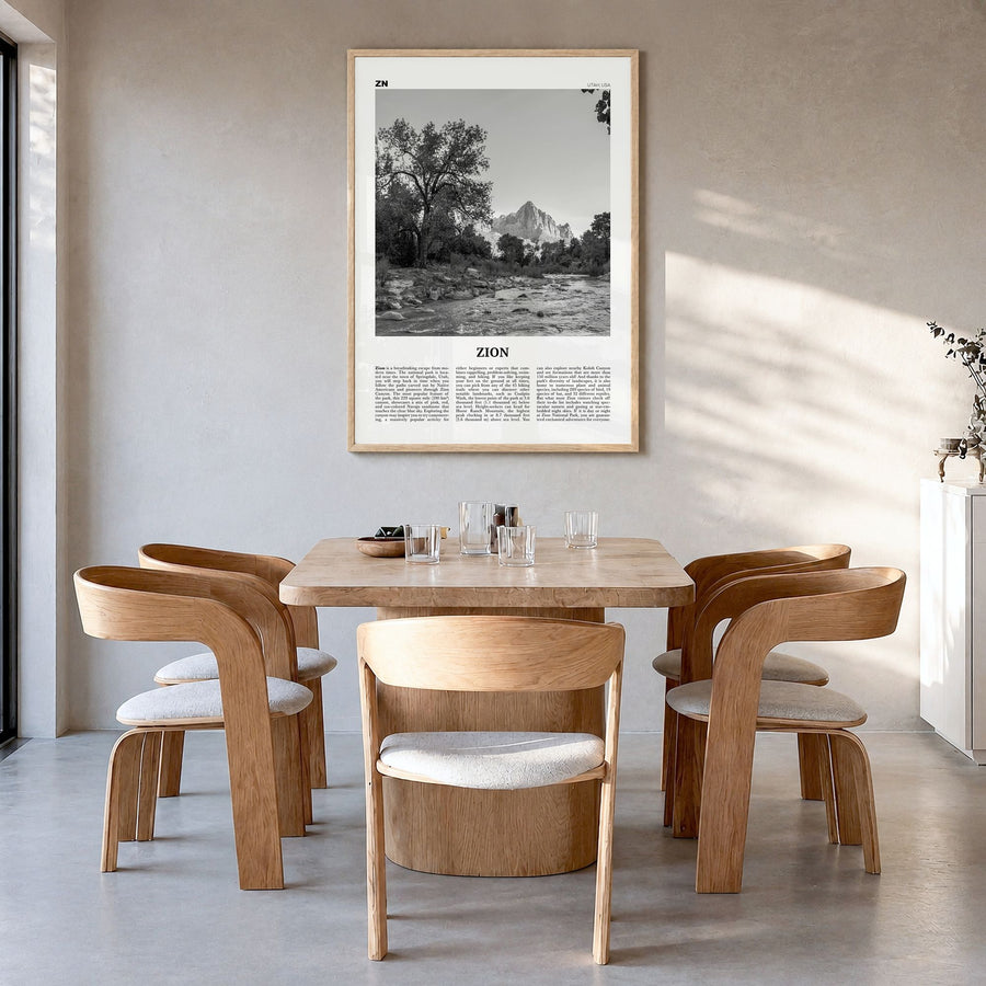 Zion National Park Newspaper Poster in a natural wood frame, hanging in a dining room