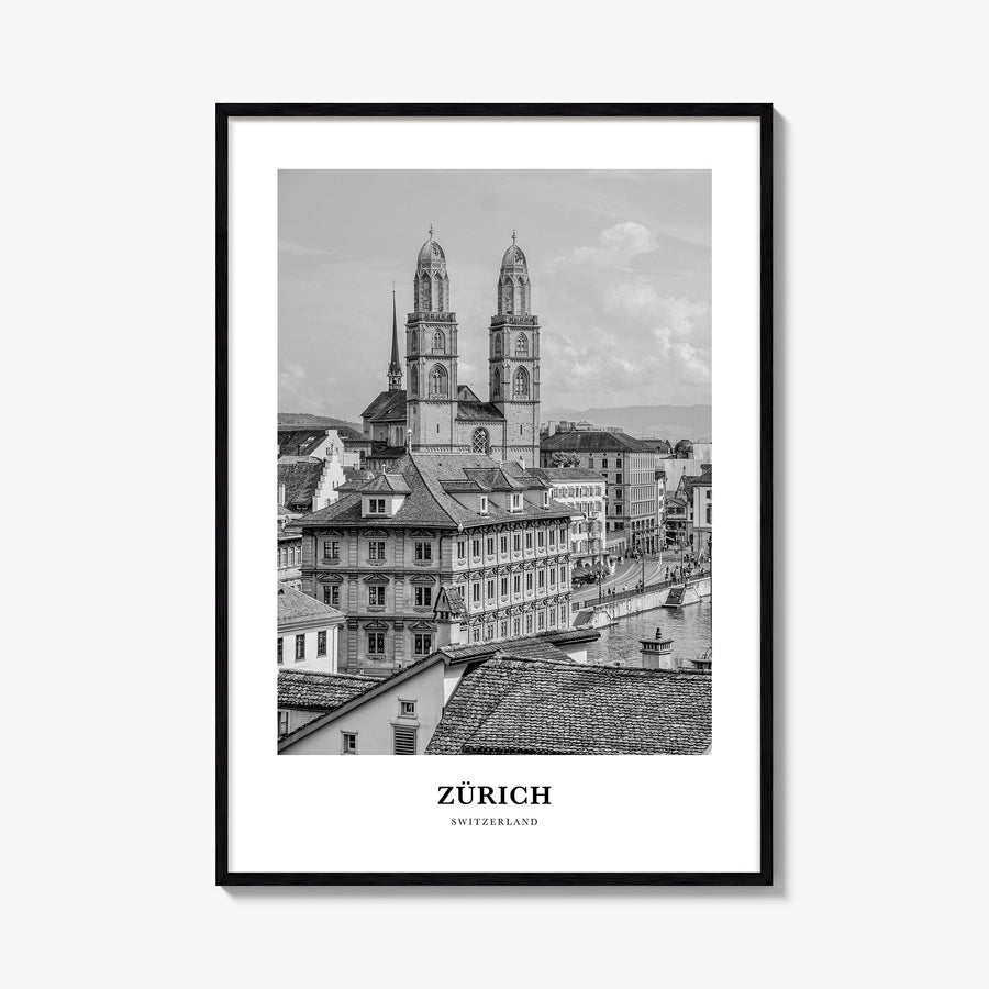 Zürich black & white classic poster of Switzerland – vertical wall art, unframed print shown in interior mockup