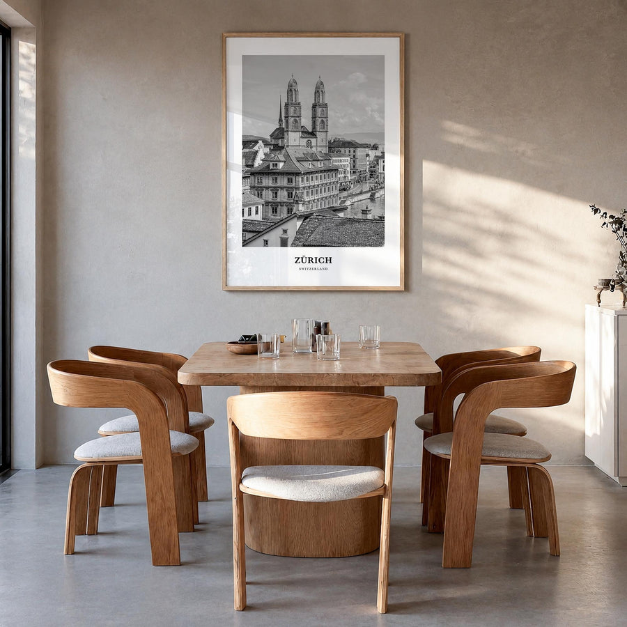 Zürich black & white classic poster of Switzerland – vertical wall art in natural wood frame, hanging on wall