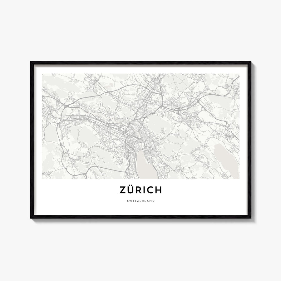 Zürich black & white map poster of Switzerland – horizontal wall art, unframed print shown in interior mockup
