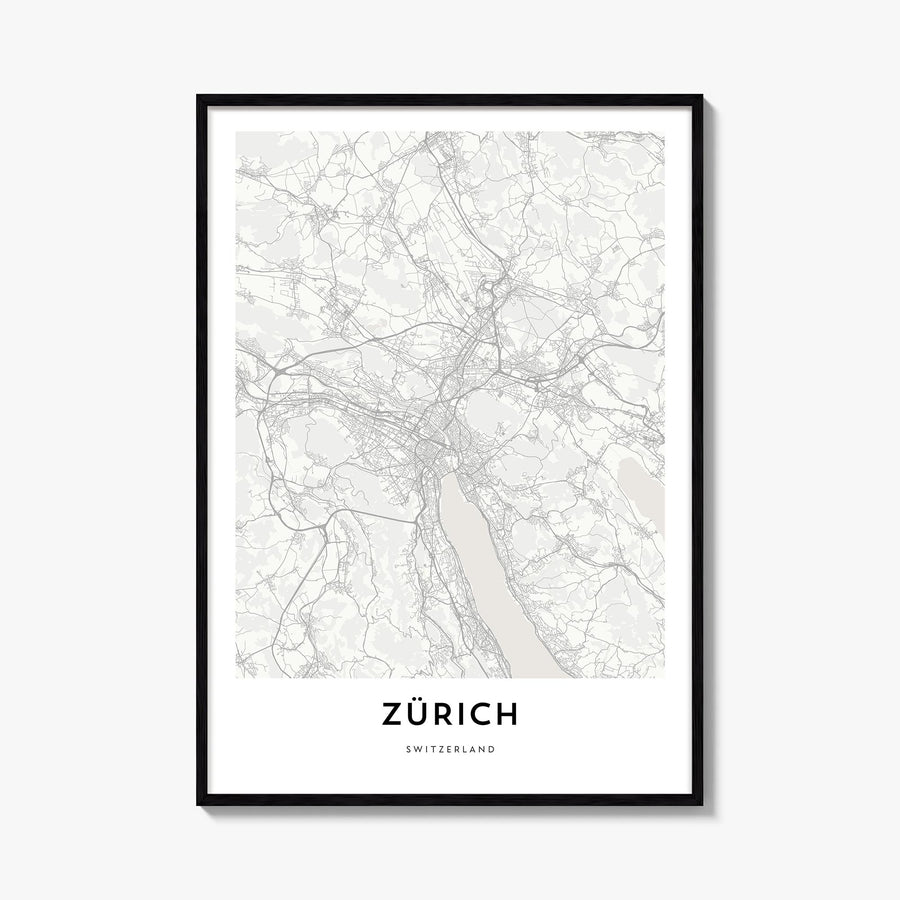 Zürich black & white map poster of Switzerland – vertical wall art, unframed print shown in interior mockup