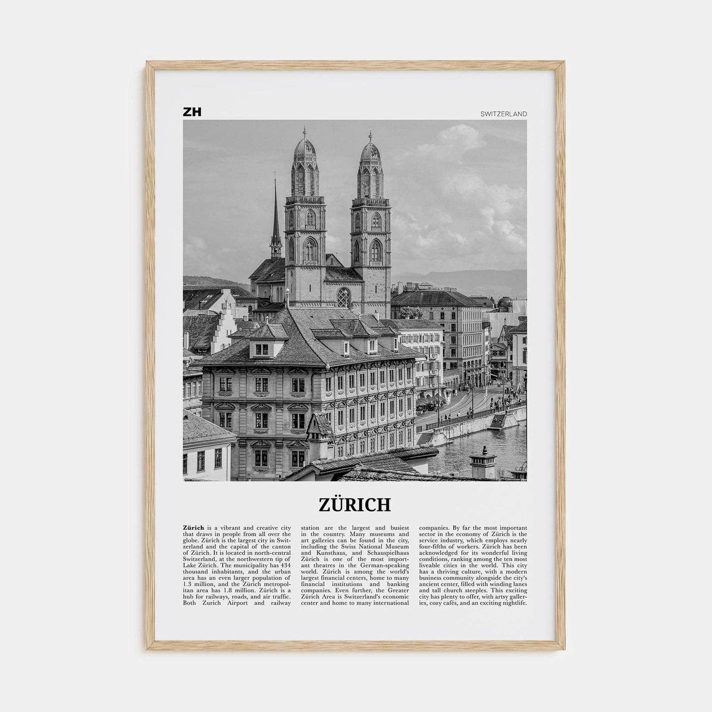 Zürich Poster Natural Wood / 8x12 in Nbourhood Travel B&W Poster