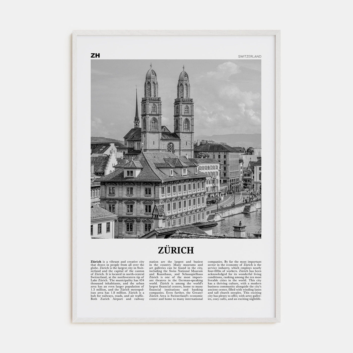 Zürich Poster White Wood / 8x12 in Nbourhood Travel B&W Poster