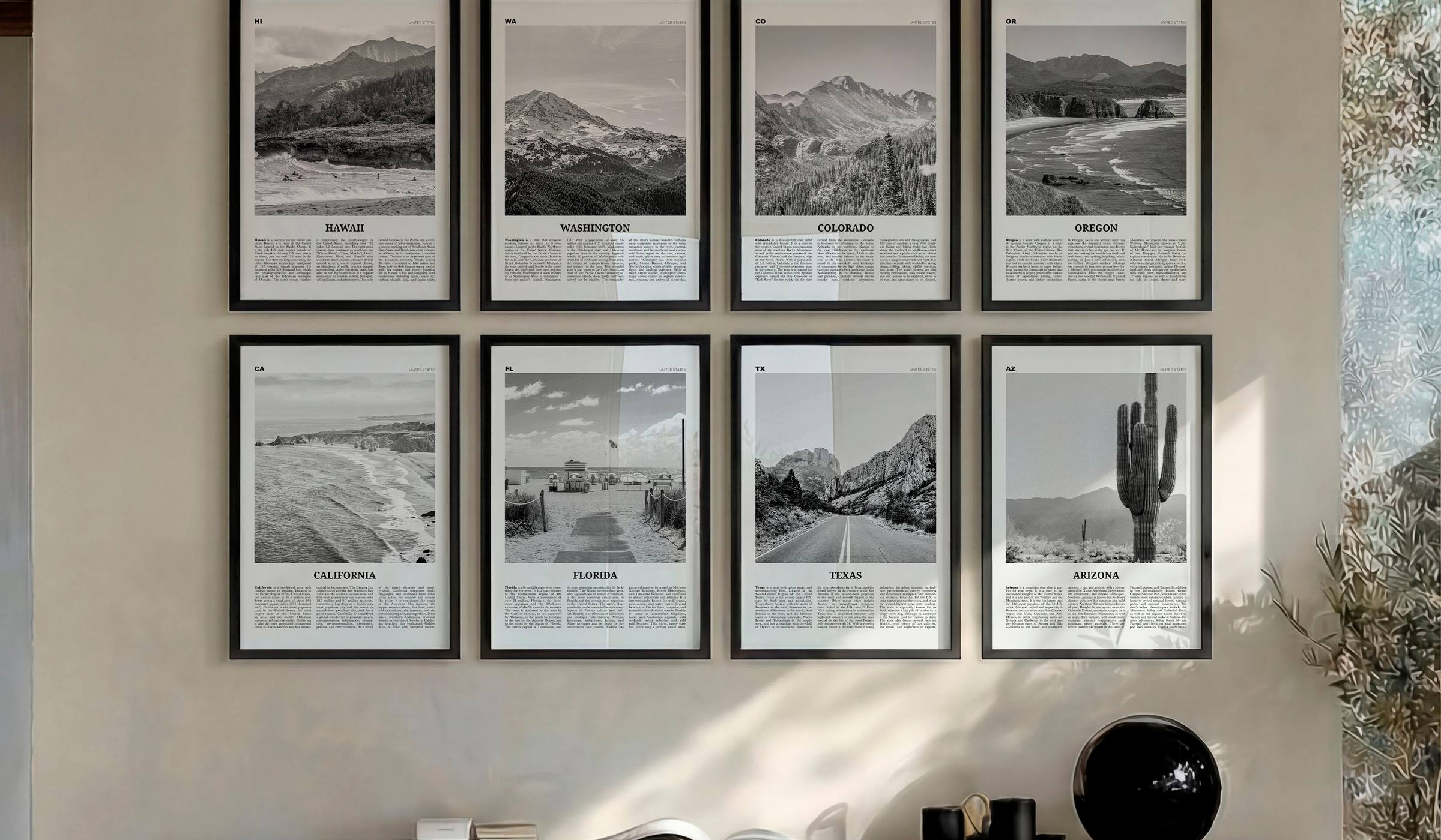 Gallery wall of framed place prints